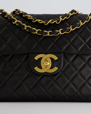 Chanel Vintage Black XL Jumbo Single Classic Flap Bag in Lambskin Leather with 24K Gold Hardware