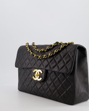 Chanel Vintage Black XL Jumbo Single Classic Flap Bag in Lambskin Leather with 24K Gold Hardware