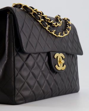 Chanel Vintage Black XL Jumbo Single Classic Flap Bag in Lambskin Leather with 24K Gold Hardware