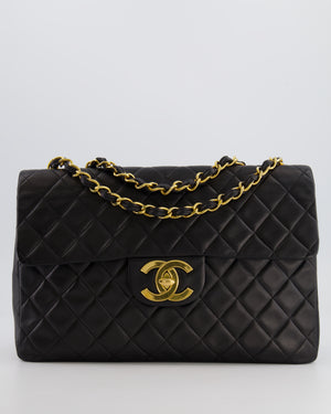 Chanel Vintage Black XL Jumbo Single Classic Flap Bag in Lambskin Leather with 24K Gold Hardware