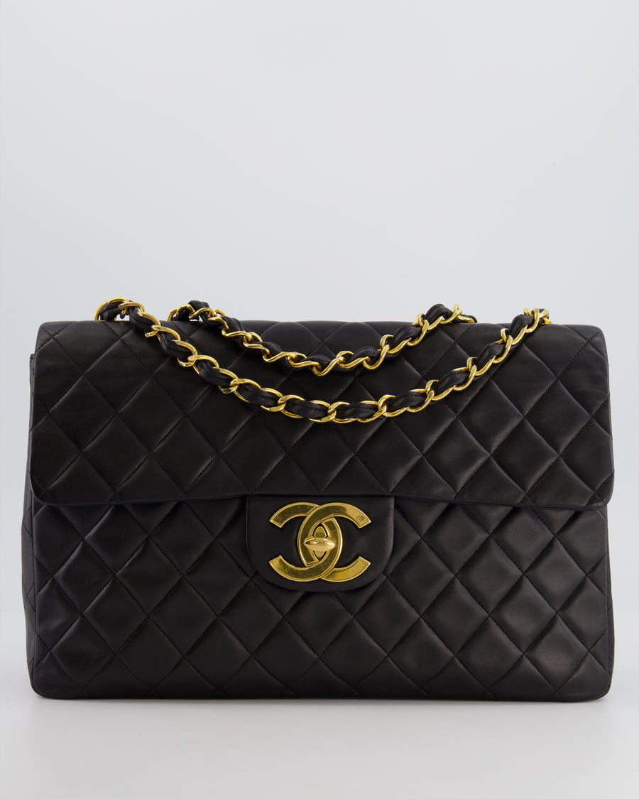 Chanel Vintage Black XL Jumbo Single Classic Flap Bag in Lambskin Leather with 24K Gold Hardware