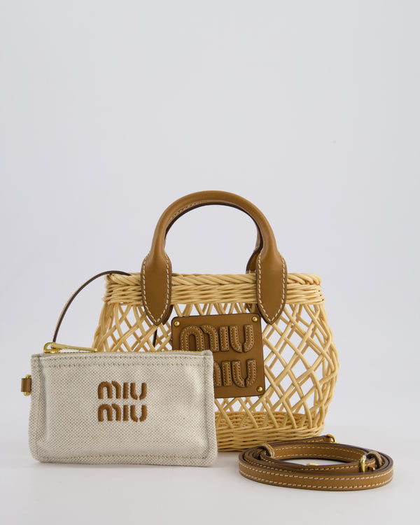 Miu Miu Tan Woven Mini Bag with Caramel Leather Trim and Gold Hardware