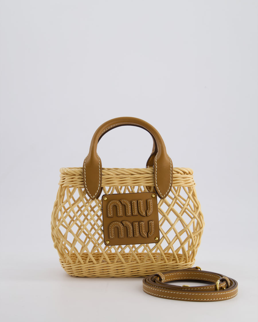 Miu Miu Tan Woven Mini Bag with Caramel Leather Trim and Gold Hardware