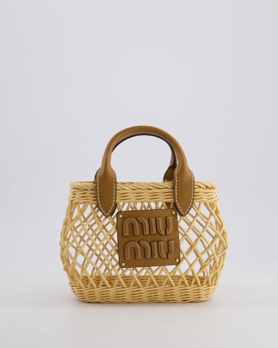 Miu Miu Tan Woven Mini Bag with Caramel Leather Trim and Gold Hardware