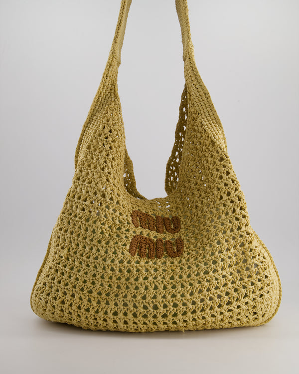 Miu Miu Beige Woven Hobo Bag with Brown Logo and Internal Canvas Pouch