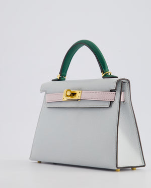 *NEW COLOURS* Hermès Mini Kelly II Tricolour 20cm Bag In Gris Platine, Mauve Pale and Vert Moyen Epsom Leather with Gold Hardware