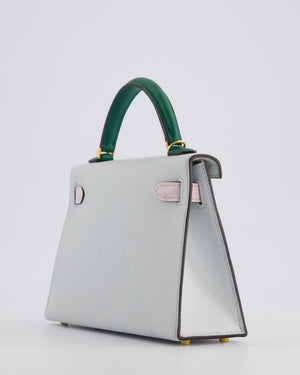 *NEW COLOURS* Hermès Mini Kelly II Tricolour 20cm Bag In Gris Platine, Mauve Pale and Vert Moyen Epsom Leather with Gold Hardware