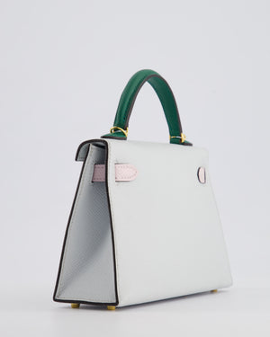 *NEW COLOURS* Hermès Mini Kelly II Tricolour 20cm Bag In Gris Platine, Mauve Pale and Vert Moyen Epsom Leather with Gold Hardware