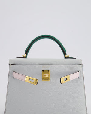 *NEW COLOURS* Hermès Mini Kelly II Tricolour 20cm Bag In Gris Platine, Mauve Pale and Vert Moyen Epsom Leather with Gold Hardware