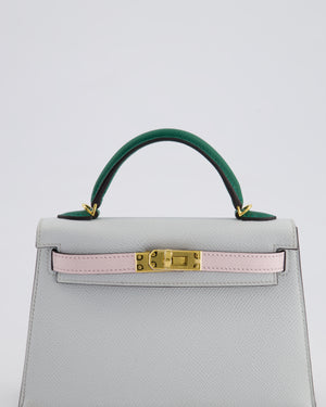 *NEW COLOURS* Hermès Mini Kelly II Tricolour 20cm Bag In Gris Platine, Mauve Pale and Vert Moyen Epsom Leather with Gold Hardware