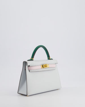 *NEW COLOURS* Hermès Mini Kelly II Tricolour 20cm Bag In Gris Platine, Mauve Pale and Vert Moyen Epsom Leather with Gold Hardware