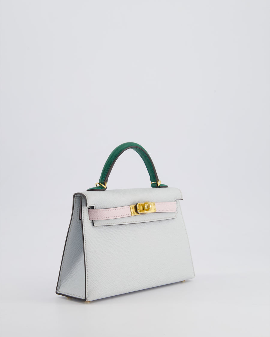 *NEW COLOURS* Hermès Mini Kelly II Tricolour 20cm Bag In Gris Platine, Mauve Pale and Vert Moyen Epsom Leather with Gold Hardware