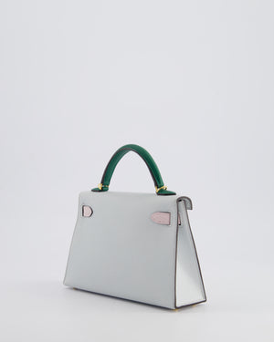 *NEW COLOURS* Hermès Mini Kelly II Tricolour 20cm Bag In Gris Platine, Mauve Pale and Vert Moyen Epsom Leather with Gold Hardware