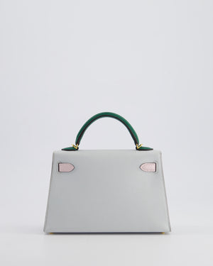 *NEW COLOURS* Hermès Mini Kelly II Tricolour 20cm Bag In Gris Platine, Mauve Pale and Vert Moyen Epsom Leather with Gold Hardware