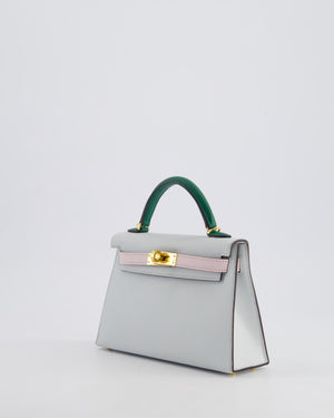 *NEW COLOURS* Hermès Mini Kelly II Tricolour 20cm Bag In Gris Platine, Mauve Pale and Vert Moyen Epsom Leather with Gold Hardware