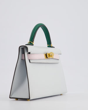 *NEW COLOURS* Hermès Mini Kelly II Tricolour 20cm Bag In Gris Platine, Mauve Pale and Vert Moyen Epsom Leather with Gold Hardware