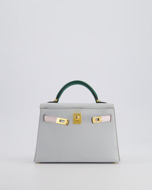 *NEW COLOURS* Hermès Mini Kelly II Tricolour 20cm Bag In Gris Platine, Mauve Pale and Vert Moyen Epsom Leather with Gold Hardware