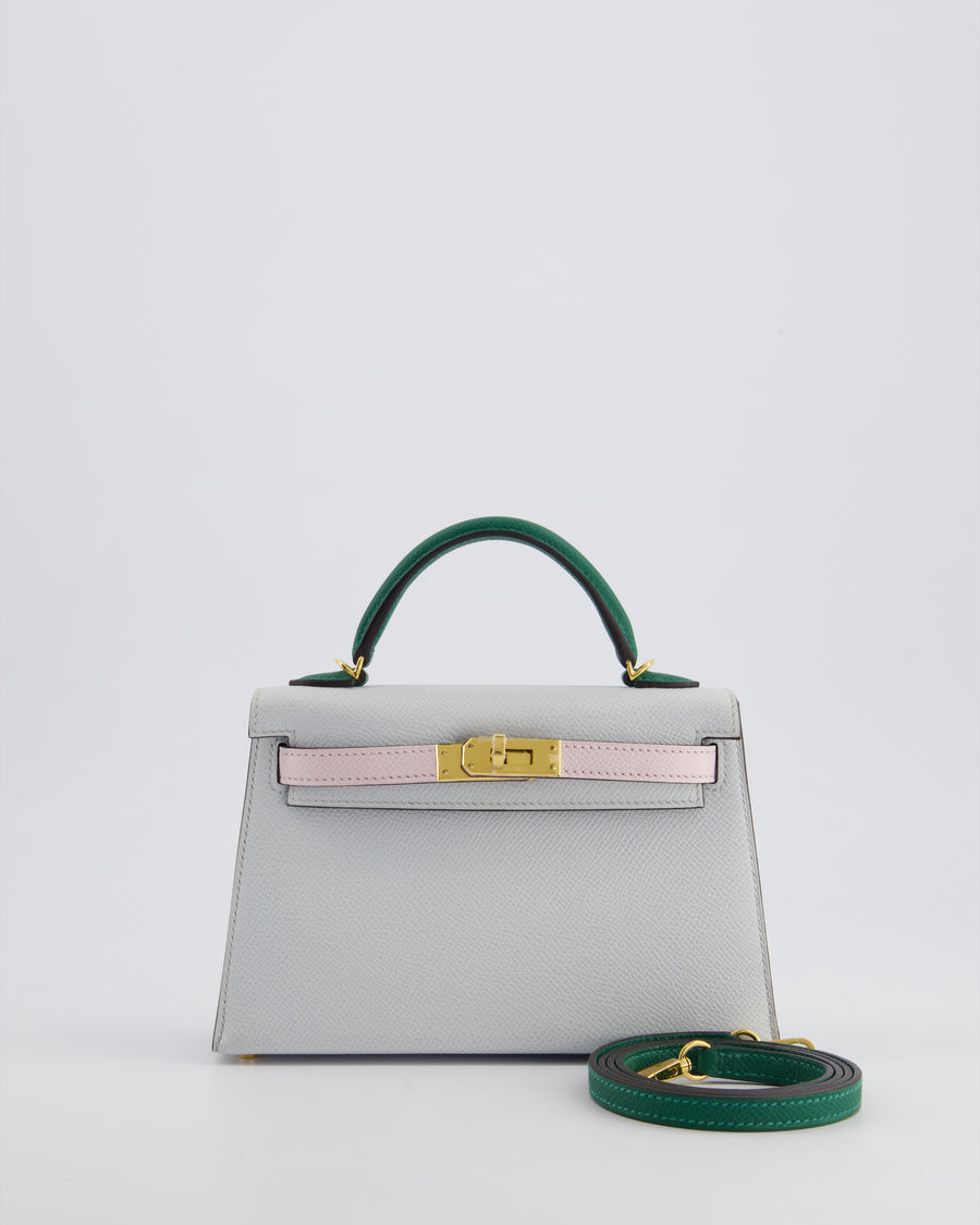 *NEW COLOURS* Hermès Mini Kelly II Tricolour 20cm Bag In Gris Platine, Mauve Pale and Vert Moyen Epsom Leather with Gold Hardware