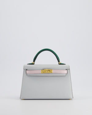 *NEW COLOURS* Hermès Mini Kelly II Tricolour 20cm Bag In Gris Platine, Mauve Pale and Vert Moyen Epsom Leather with Gold Hardware