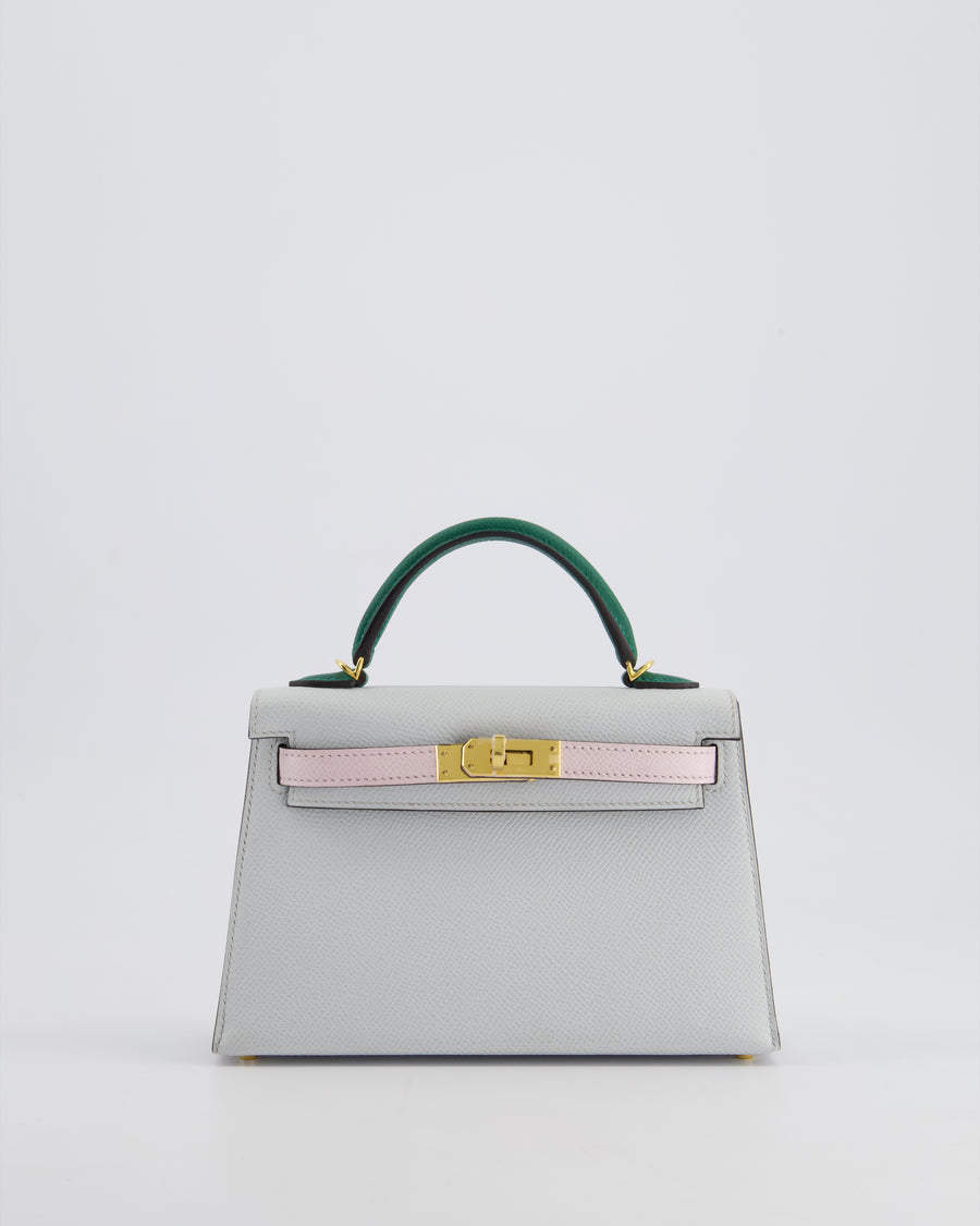 *NEW COLOURS* Hermès Mini Kelly II Tricolour 20cm Bag In Gris Platine, Mauve Pale and Vert Moyen Epsom Leather with Gold Hardware