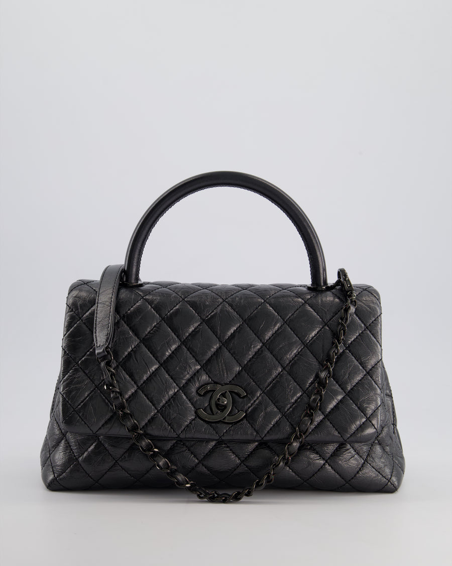 Chanel 20P Black Medium Aged Calfskin Coco Top Handle Bag with So Black Hardware