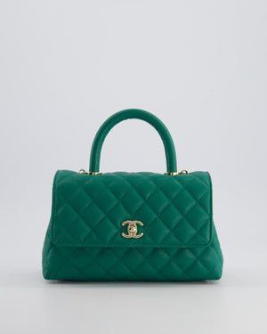 *RARE* Chanel Small Emerald Green Coco Flap Top Handle Bag in Caviar Quilted Leather with Champagne Gold Hardware