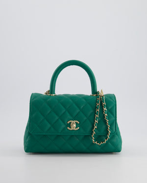 *RARE* Chanel Small Emerald Green Coco Flap Top Handle Bag in Caviar Quilted Leather with Champagne Gold Hardware