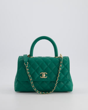 *RARE* Chanel Small Emerald Green Coco Flap Top Handle Bag in Caviar Quilted Leather with Champagne Gold Hardware