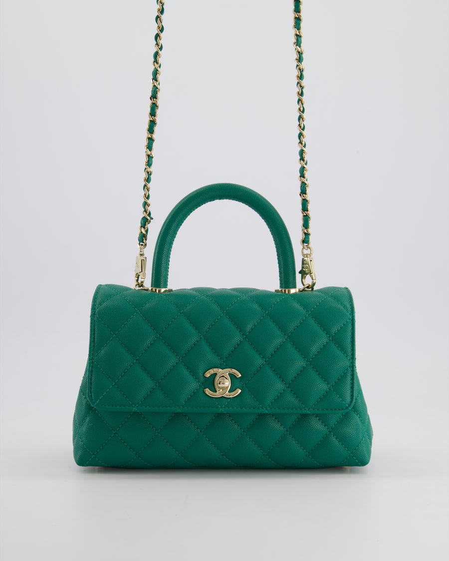 *RARE* Chanel Small Emerald Green Coco Flap Top Handle Bag in Caviar Quilted Leather with Champagne Gold Hardware