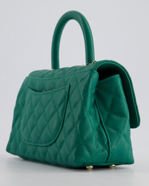 *RARE* Chanel Small Emerald Green Coco Flap Top Handle Bag in Caviar Quilted Leather with Champagne Gold Hardware