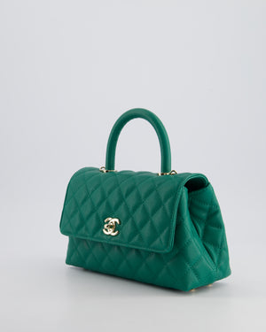 *RARE* Chanel Small Emerald Green Coco Flap Top Handle Bag in Caviar Quilted Leather with Champagne Gold Hardware