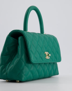 *RARE* Chanel Small Emerald Green Coco Flap Top Handle Bag in Caviar Quilted Leather with Champagne Gold Hardware