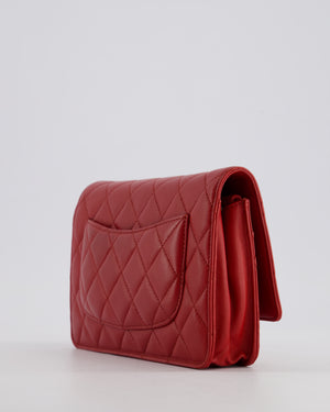 Chanel Deep Red Wallet on Chain Bag in Lambskin Leather with Silver Hardware