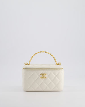 *HOT* Chanel White Vanity Top Handle Bag in Lambskin Leather with Champagne Gold Hardware