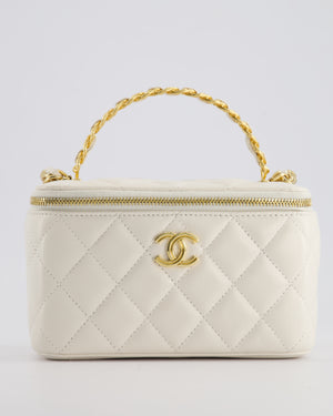 *HOT* Chanel White Vanity Top Handle Bag in Lambskin Leather with Champagne Gold Hardware