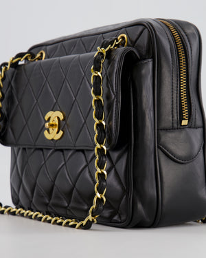 Chanel Vintage Black Camera Bag in Lambskin Leather with Front Pocket and 24k Gold Hardware