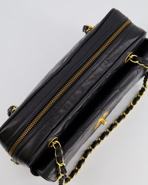 Chanel Vintage Black Camera Bag in Lambskin Leather with Front Pocket and 24k Gold Hardware