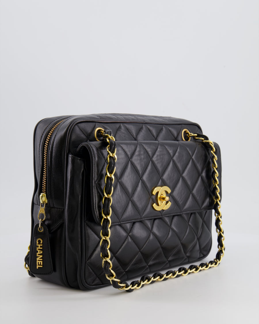 Chanel Vintage Black Camera Bag in Lambskin Leather with Front Pocket and 24k Gold Hardware