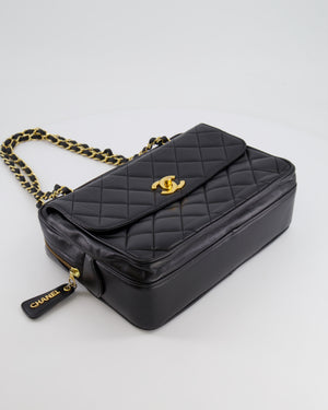 Chanel Vintage Black Camera Bag in Lambskin Leather with Front Pocket and 24k Gold Hardware