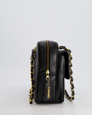 Chanel Vintage Black Camera Bag in Lambskin Leather with Front Pocket and 24k Gold Hardware