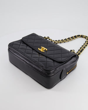 Chanel Vintage Black Camera Bag in Lambskin Leather with Front Pocket and 24k Gold Hardware