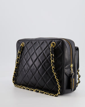 Chanel Vintage Black Camera Bag in Lambskin Leather with Front Pocket and 24k Gold Hardware