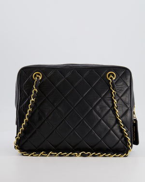 Chanel Vintage Black Camera Bag in Lambskin Leather with Front Pocket and 24k Gold Hardware