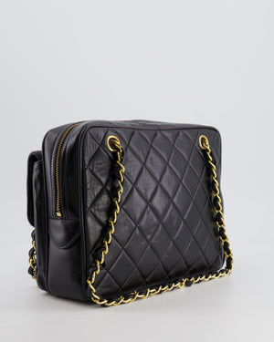 Chanel Vintage Black Camera Bag in Lambskin Leather with Front Pocket and 24k Gold Hardware