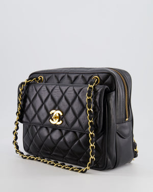 Chanel Vintage Black Camera Bag in Lambskin Leather with Front Pocket and 24k Gold Hardware