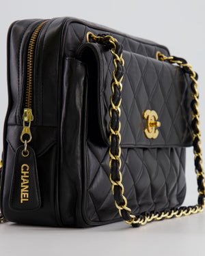 Chanel Vintage Black Camera Bag in Lambskin Leather with Front Pocket and 24k Gold Hardware