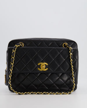 Chanel Vintage Black Camera Bag in Lambskin Leather with Front Pocket and 24k Gold Hardware