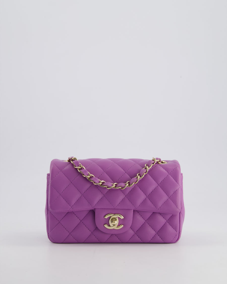 *RARE* Chanel Purple Mini Rectangular Single Flap Bag in Lambskin Leather with Champagne Gold Hardware