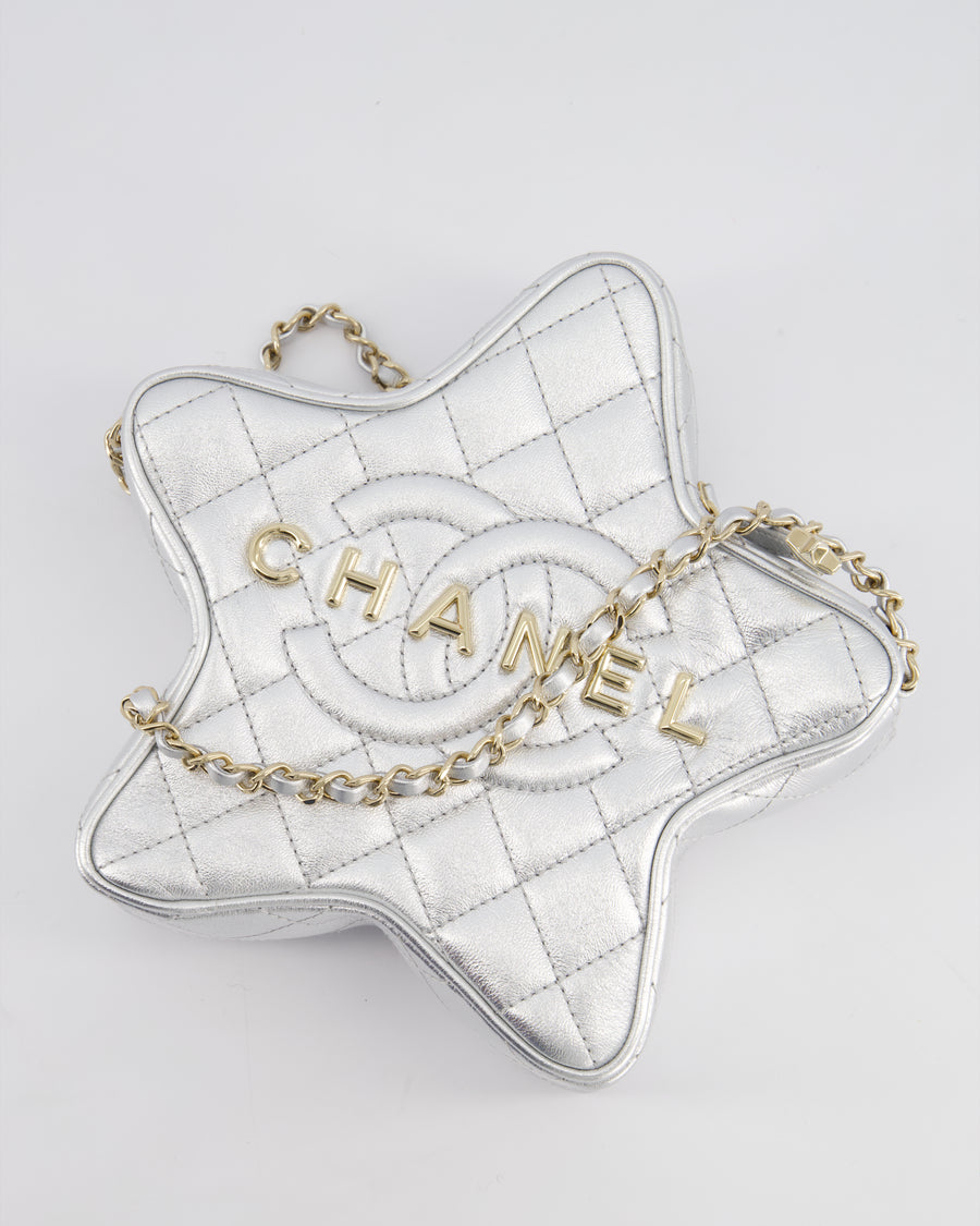 *FIRE PRICE* Chanel Metallic Silver Star Bag in Calfskin Leather with Champagne Gold Hardware