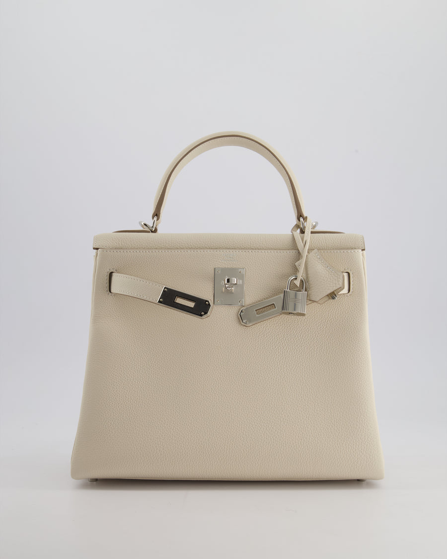 *NEW STAMP* Hermès Kelly 28cm Retourne Bag in Craie Togo Leather with Palladium Hardware